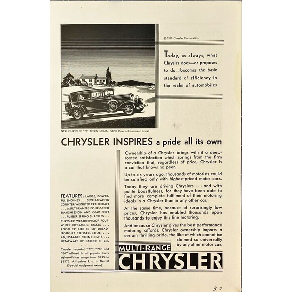 Chrysler "77" Town Sedan "Chrysler Inspires a Pride All Its Own" Print Ad 1930 - Picture 1 of 3